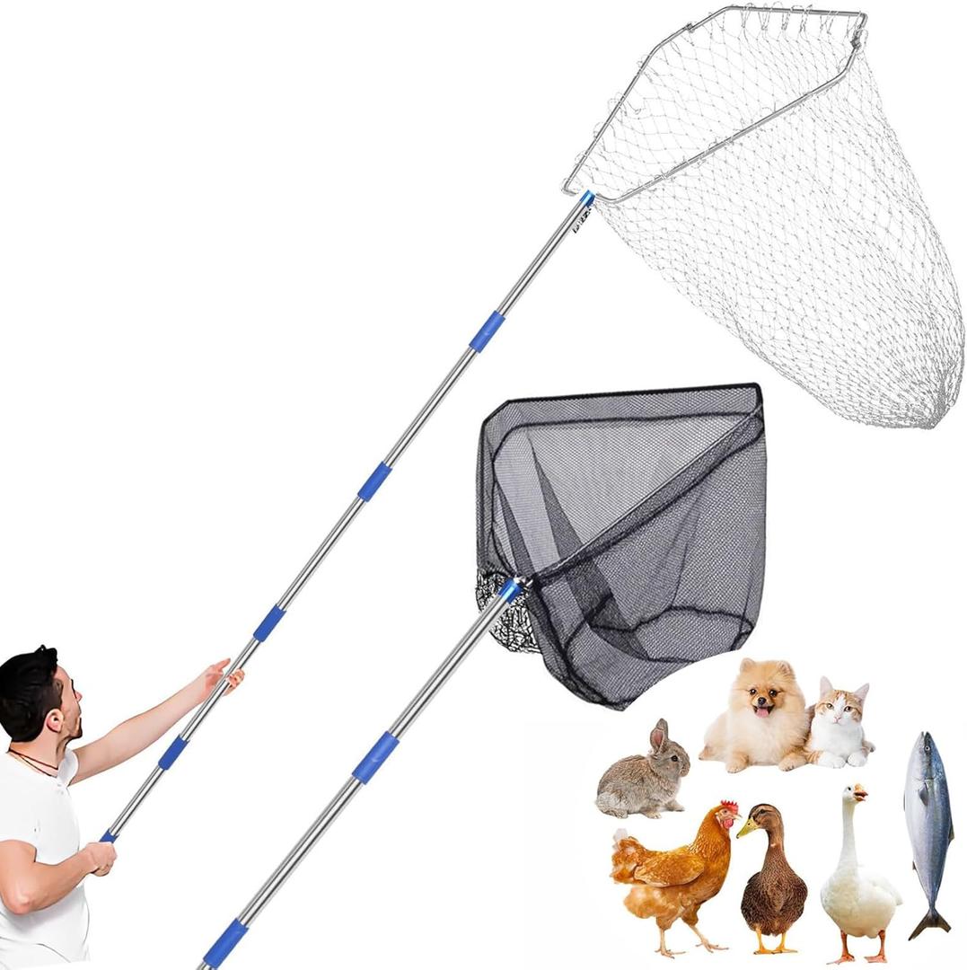 Chicken Catching Net 2 Pcs,Adjustable from 29-74 inches Chicken Net, Suitable for Catching Outdoor Animals Such as Chickens, Ducks, Fishnet,Geese,Birds (2 Nets, 1 Pole Included)