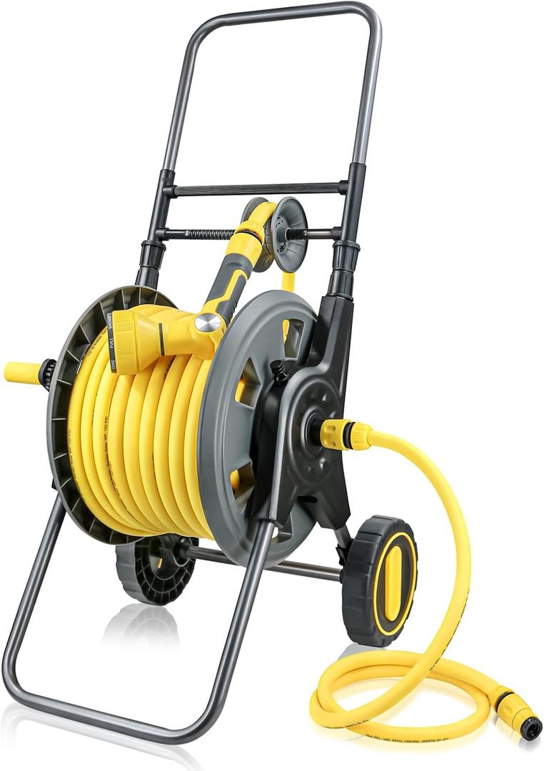 30m Garden Hose Reel Cart on Wheels, Hose Pipe Reel with Rewind Handle, Includes 30m Rubber Water Pipe and 2m Leader Hose, Spray Gun