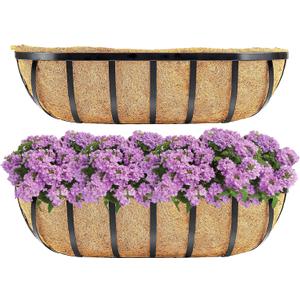Y&M 2pcs 24 Inch Window Deck with Coco Liner, 24" Window Boxes Horse Trough with Coconut Coir Liner, Black Metal Hanging Flower Planter Window Basket Deck Railing Planter Boxes for Outdoor Indoor