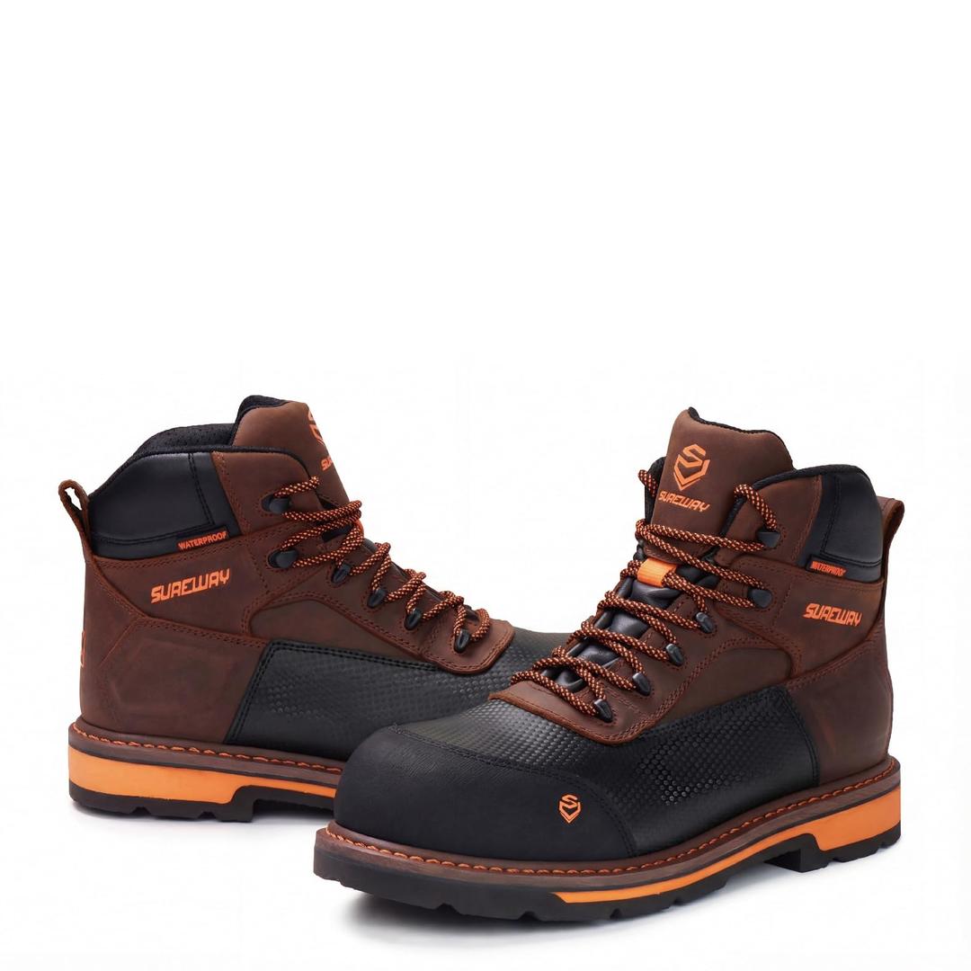 SUREWAY Men's 6" Heavy Duty Composite Toe Waterproof Work Boot GoodyearWelt Oil/Slip Resistant Dual-Density Comfortable Outsole Crazy Horse Leather EH Construction Industrial Safety Work Boots