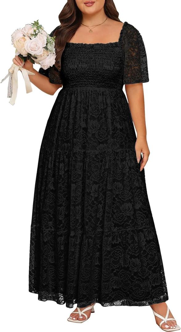 Plus Size Wedding Dress Bride Boho Lace Square Neck Long Maxi Dresses (Black), 16plus