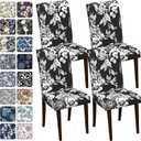 Chair Covers Dining Room Set of 4,Printed Patterned Stretch Non Slip | Chair Slipcover Removable Washable Kitchen Chair Protector Cover for Home Hotel Banquet Wedding Party Navy White Floral Leaf