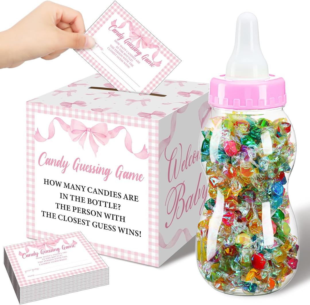 Glenmal 52 Pcs Baby Shower Games Gift Sets Large Baby Bottle for Shower Game Guess How Many Candies Decorations for Gender Reveal (Pink Bow)