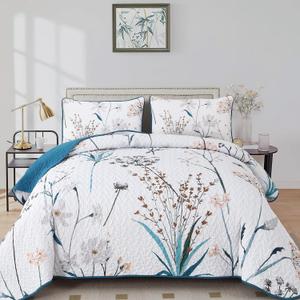 Dobuyly Teal Quilt Queen Size Floral Botanical Queen Quilt Bedding Set 3 Pieces Soft Lightweight Microfiber Flower Bedspread Coverlet Set for All Season, 96"x90"