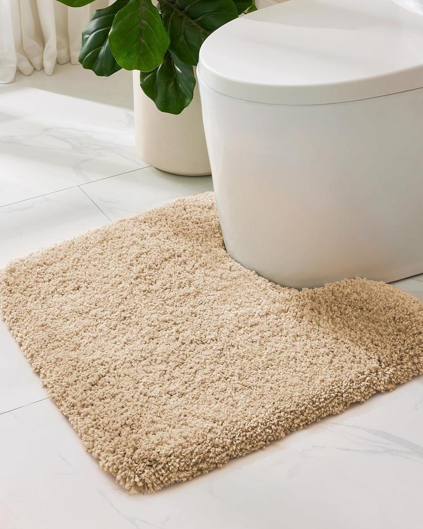 ILANGO Beige Toilet Rugs U Shaped 22"  24" Non Slip & Super Absorbent Extra Thick Soft, Washable Bath Mats for Bathroom Floor, Plush Shaggy Contour Bath Rugs for Toilet,Dry Quick