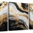 Palette Dreams 3 Piece Framed Black And White Abstract Canvas Wall Art, Black Gold Canvas Black Marble Picture Wall Decor, Modern Gold Foil Art Poster Print for Living Room Bedroom Bathroom 12x16 Inch