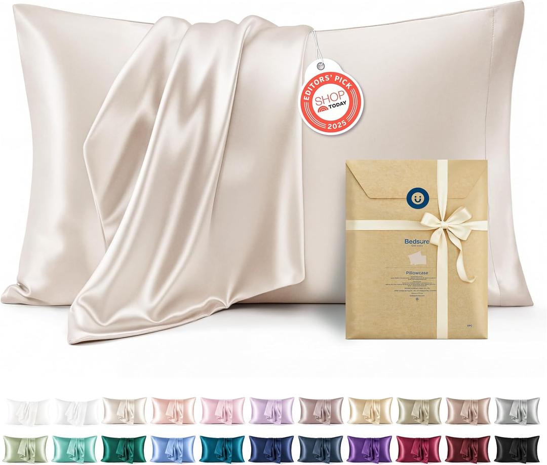 Bedsure Satin Pillowcase 2 Pack Similar to Silk Pillow Cases Standard Size, Pillow Case for Sleeping Women with Envelope Closure, Gifts for Women Men, Beige, 20x26 Inches, 2pcs