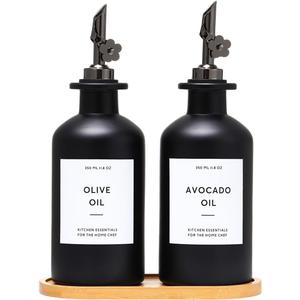 HOMCDALY Olive Oil Dispenser for Kitchen, 11.8oz Glass Kitchen Dispenser Bottle, Black Oil&Vinegar Cruet Set, Leakproof Olive Oil Bottles | Set of 2 (11.8oz  Black) (Black&Black Spout+Tray)