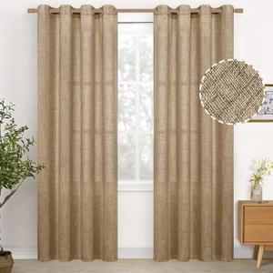 YoungsTex Burlap Linen Curtains 80 Inch Length for Living Room, Light Filtering Drapes Semi Sheer with Bronze Grommet Textured for Bedroom Dining Room Farmhouse Country, Toffee, 52 x 80 Inch, 2 Panels