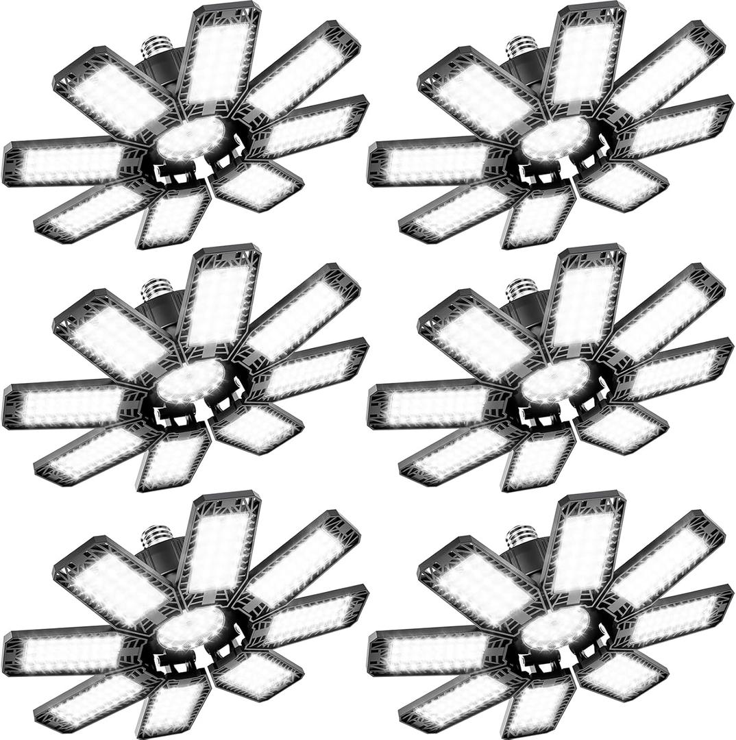 Garage Light 6 Pack - 240W 24000LM 6500K Garage Lights Ceiling LED with 8+1 Deformable Panels, E26/E27 Screw Socket in LED Shop Light for Workshop, Basement, Gym, Barn, Warehouse etc Bay Lighting
