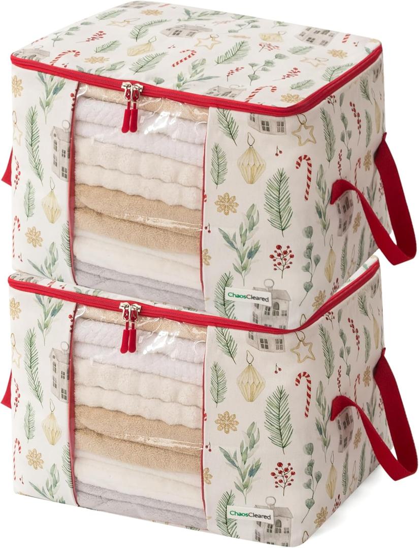 Canvas Storage Bags Designer Organizer 2 Pack – Seasonal Storage for Sweaters, Blankets, Linens & Garments – Foldable Design with Zip & Window, Moth-Proof Space Saver, Candycane Print