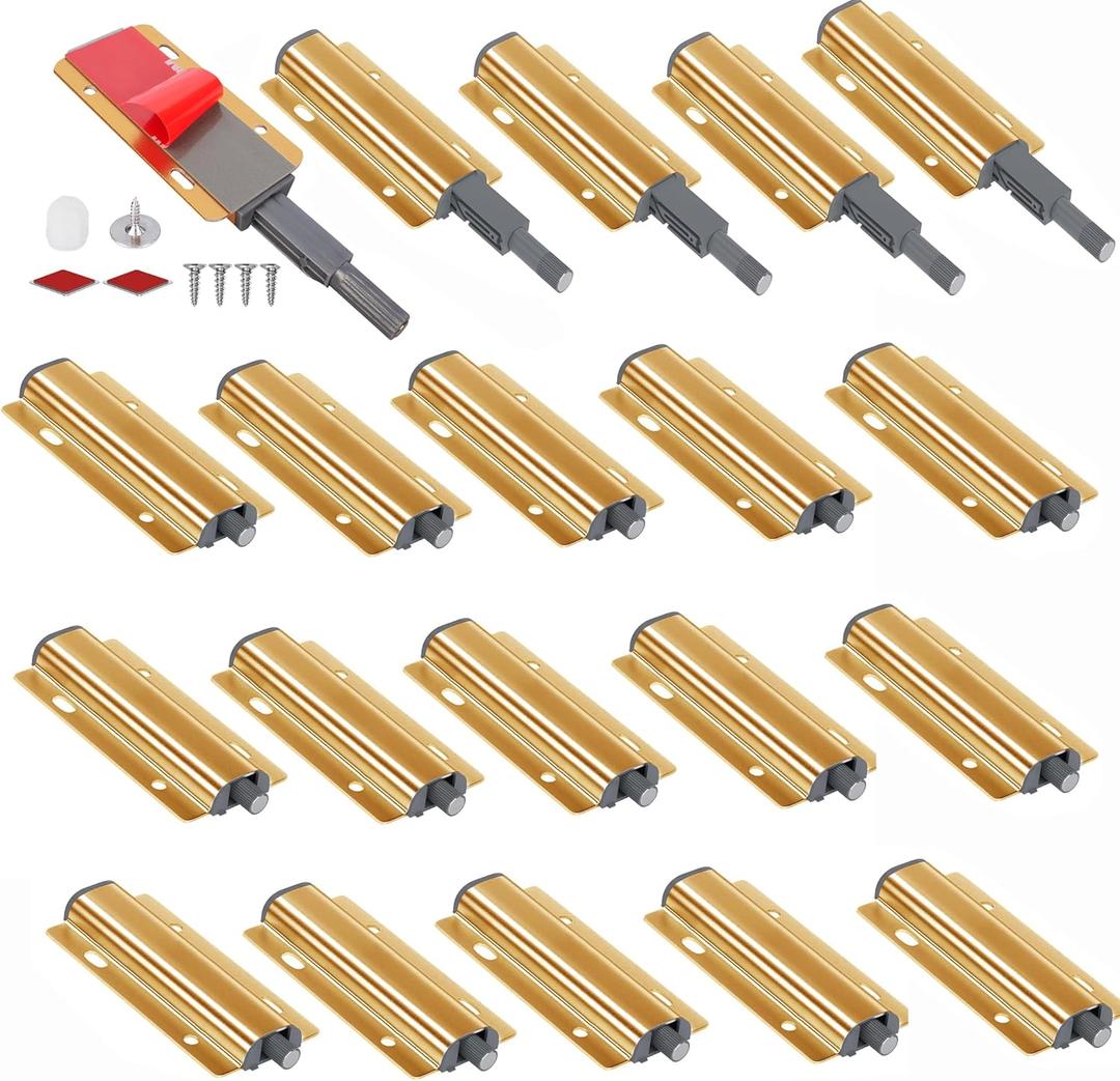 Push to Open Door Latch, 20 Pack Gold Magnetic Push Latches, Adhesive Heavy Duty Touch Latch Hardware for Push to Open Cabinet, Magnetic Door Catch for Cabinet Drawer Wardrobe Kitchen Door