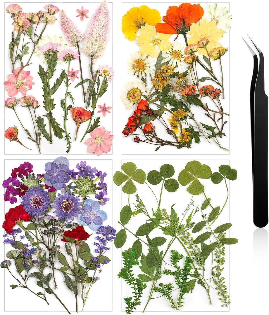 Nuanchu Pressed Flowers Bulk Dried Flower for Crafts Resin Real Dried Wildflowers Leave Natural with Tweezer for Christmas Craft Supplies Resin Mold Scrapbooking Nail Soap Candle Cake Card Making DIY (Mild Color)