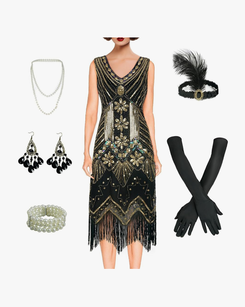 Women's 1920s Flapper Dress Vintage Lace Fringed Gatsby Cocktail Dress with 20s Accessories Set XL