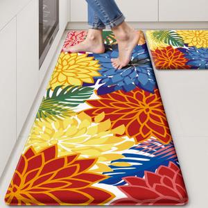 Kitchen Mats for Floor 2PCS Cushioned Anti Fatigue Kitchen Mats Waterproof Non Slip Kitchen Mat Rug Set Comfort Foam Standing Mat for Sink, Laundry, Office,17.3" x 28" + 17.3" x 47", Colorful