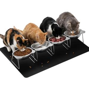 4 Set Elevated Cat Food Water Bowls 15°Tilted Stand Anti Vomiting Raised Dishes with Food Silicone Mat Stainless Steel Whiskers Friendly Cat Bowls for Multiple Cats and Puppy