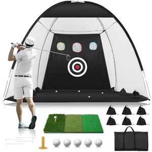Golf Net: 10x7FT Golf Practice Net for Backyard Driving, Hitting Net with Tri-Turf Mat, Indoor Training Chipping Aid Nets with Reduce Noise Nylon Target, Gifts for Men/Dad/Him