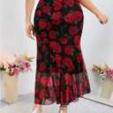 WDIRARA Women's Plus Size Floral Ruffle Hem Bodycon Midi Skirt Elastic Waist Fishtail Skirts