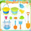 SpringFlower Beach Sand Toys for Kids, Sand Toys with 2 Collapsible Beach Bucket with Sifter Shovels Set with Mesh Bag and 6 Sand Molds, Foldable Beach Travel Beach Sandbox Toys, 11 PCS, Small