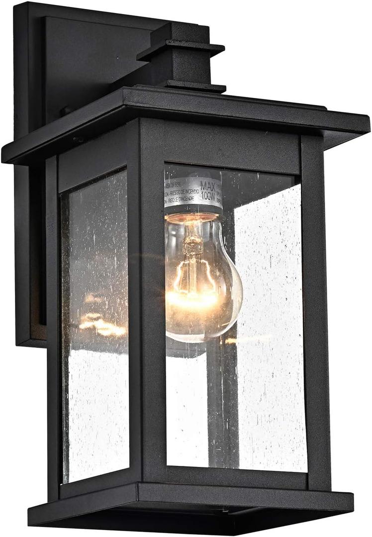 MICSIU 12-Inch Black Outdoor Wall Lantern, Modern Square Exterior Sconce with Clear Seedy Glass, Anti-Rust Waterproof Outside Wall Mount Light for House, Porch, Garage, Garden, E26 Base, 1-Pack