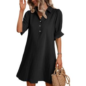 FENSACE Womens Casual Shirt Dress Ruffle Sleeve Button Down Shift Summer Dresses with Pockets (Black, S)