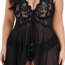 Plus Size Lingerie for Women Sexy Lingerie Dress Lace Babydoll Lingerie V-Neck Open Front Strap Nightdress Black XXL