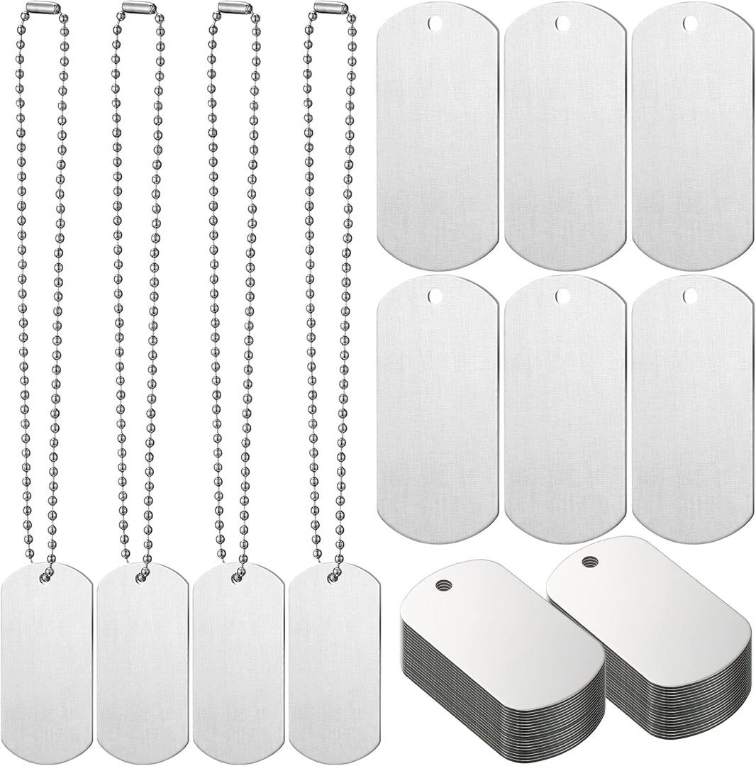 WILLBOND 50 Pieces Military Army Dog Tags Metal Blanks Tags Stamping Sublimation 2 x 1 Inch with Hole 11.8 Inch Chain for Stamping Engraving DIY Craft Army Themed Birthday Parties