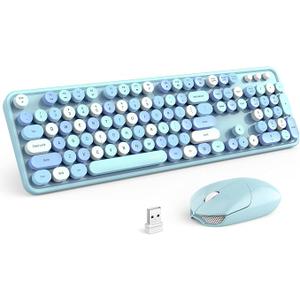 Wireless Keyboard and Mouse Combo, Retro Typewriter Keyboard with Round Keycaps, 2.4GHz USB Cute Wireless Keyboard Mouse for Computer, Desktop, Laptop (Blue Colorful)