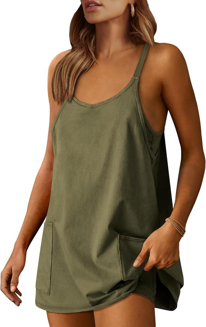 ANRABESS Women Athletic Dress Summer Tennis Workout Active Sports Mini Romper Dress Built in Shorts Travel Vacation Clothes (Medium, Army Green)