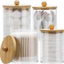 Tbestmax 4 Pack Qtip Holder Dispenser Cotton Ball, Cotton Swab, Floss - 12oz, 10 oz Clear Plastic Apothecary Jars for Bathroom Organizer and Storage Containers (Bamboo Lids)