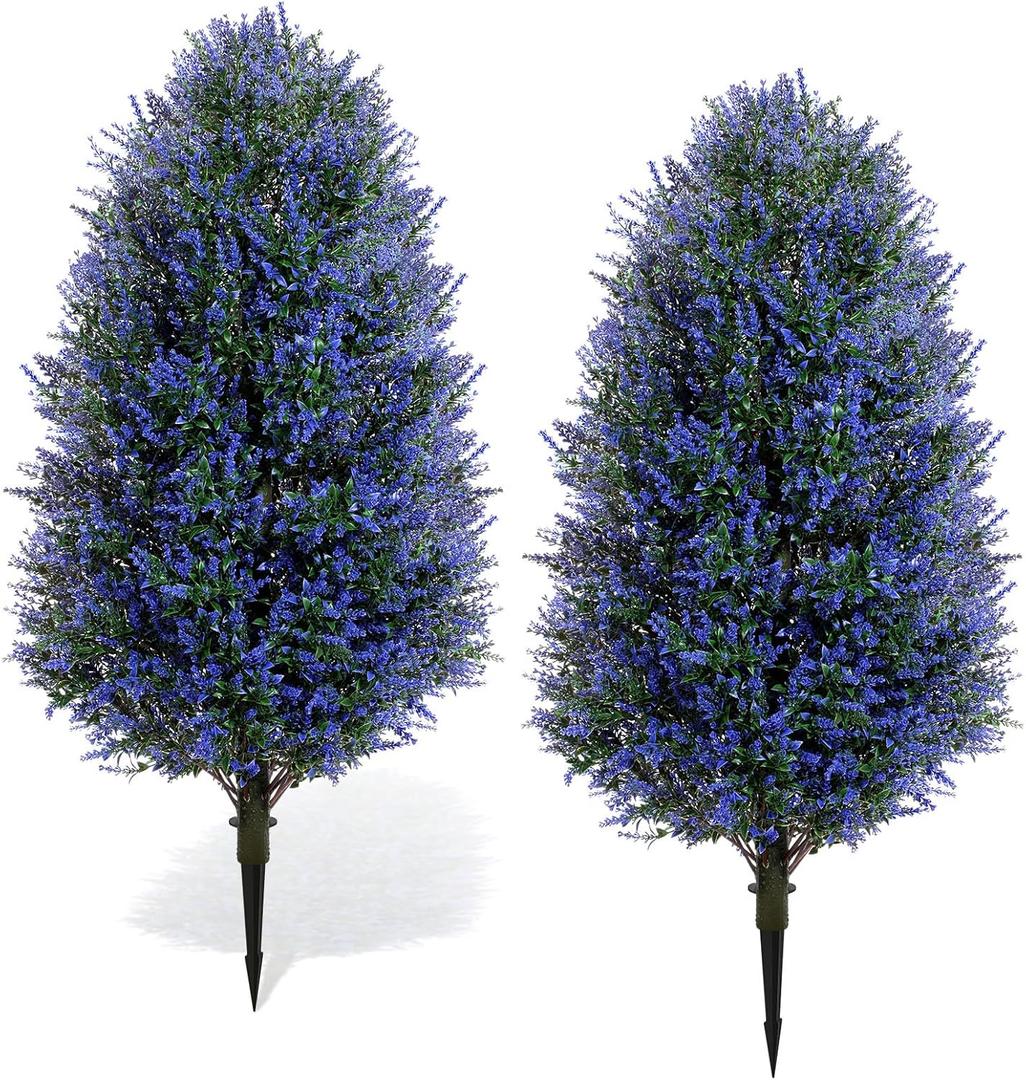 Daifunli 2 Pack 3ft Artificial Lavender Topiary Tree Faux Lavender Bush Large Outdoor Plants, Topiary Ball with Ground Spike UV Resistant, Fake Shrub Greenery Plants Tree for Porch, Home, Garden Decor