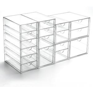 Prsildan Acrylic Drawer Organizer with 17 Drawers, Craft Office Desk Makeup Organizers Accessories, Set of 4 Clear Stackable Storage Drawers for Vanity, Countertop, Jewelry, Art Supply Organization