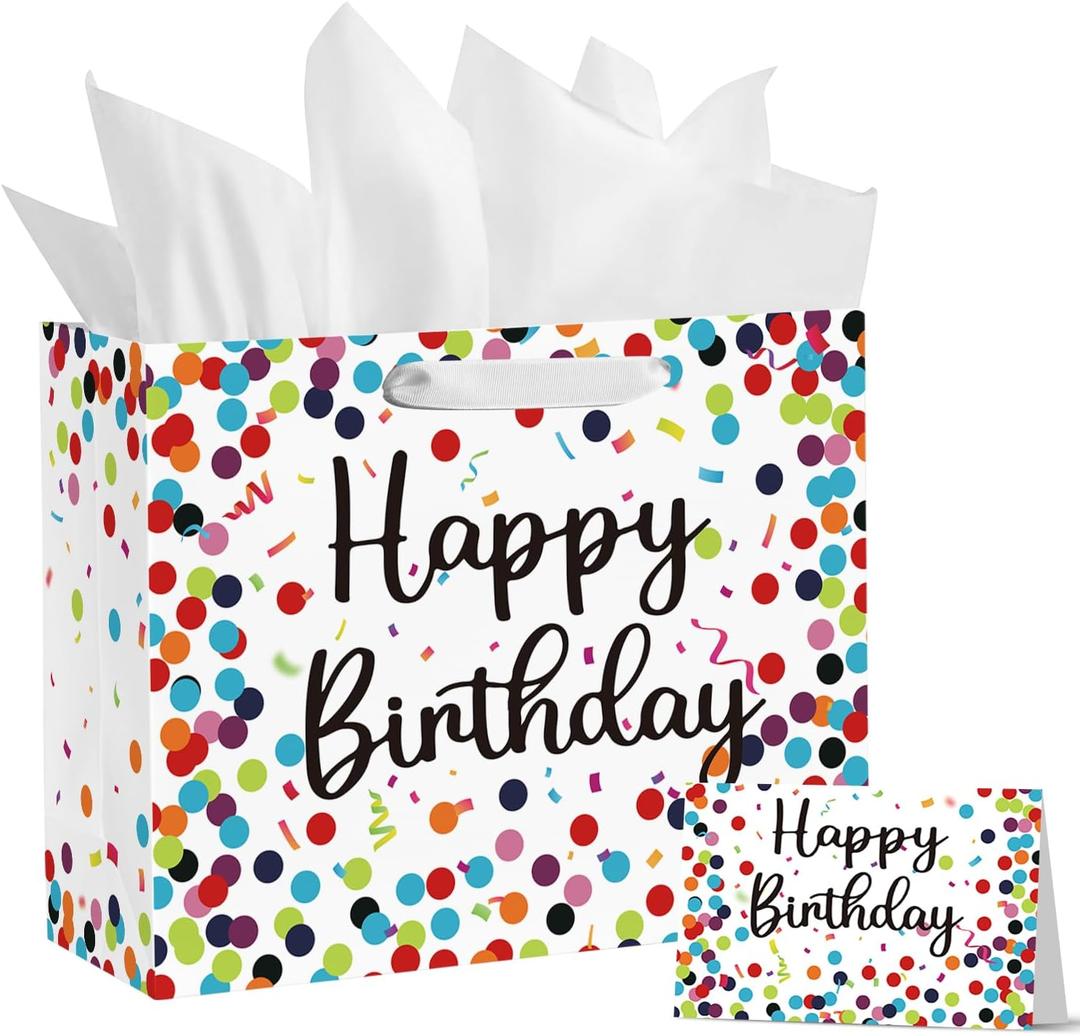 5 x Horaldaily 13" Large Birthday Gift Paper Bags with Tissue Paper and Card, Happy Birthday Dots Streamers Gift Paper Bag for Men Women Kids Birthday,1Pcs