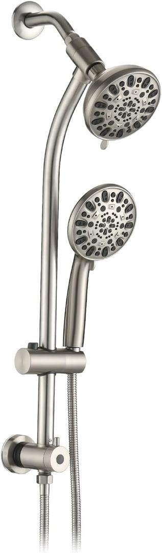 High Pressure 48-Settings Shower Head with Handheld Shower,Drill-Free 3-Way Diverter for Easy Reach,Adjustable Height Slide Bar Dual Shower Head Combo Set - Brushed Nickel