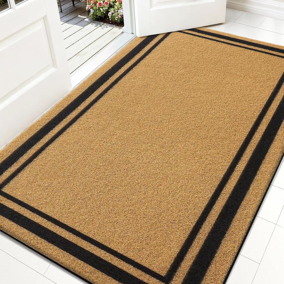 OLANLY Front Door Mat, Low Profile Doormat, Stain and Fade Resistant, Easy to Clean, for Indoor and Outdoor Entrances, Patio Porch or Entryway, Brown (47x32 Inch, Classic Border) - Pack of 2