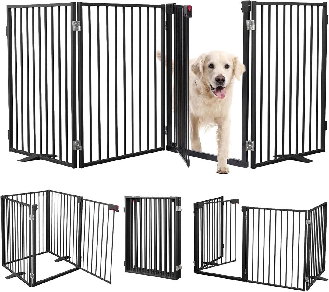 Metal Freestanding Dog Gates with Door,Extra Wide 24", 32" Height Foldable Dog Fence for Indoor & Outdoor, Heavy Duty Freestanding Pet Barrier for Stairs, Doorways, Halls, Kitchen,Yard,Christmas Tree (Black)