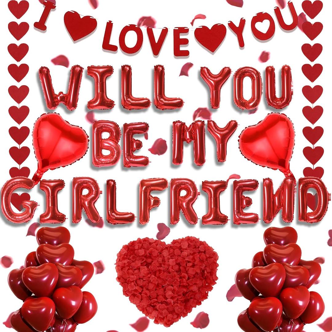 Will You Be My Girlfriend - 550 Pcs Red Letter Foil Balloons I Love You Banner Garland Streamer Rose Petals Valentine's Day Decorations For Romantic Confessions Anniversaries Proposal Engagements