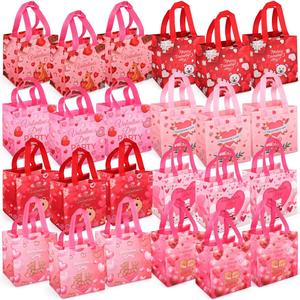 Aviski 24PCS Happy Valentines Day Reusable Gift Bags, Treat Bags with Handles, Goodie Bags, Multifunctional Non-Woven Valentines Bags for Gifts Wrapping, Party Supplies, 7.9 7.9 5.9inch