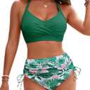 Blooming Jelly Womens High Waisted Bikini Sets Drawstring Tummy Control Swimsuits Crisscross Tie Back Bathing Suit (Large, Green Floral)