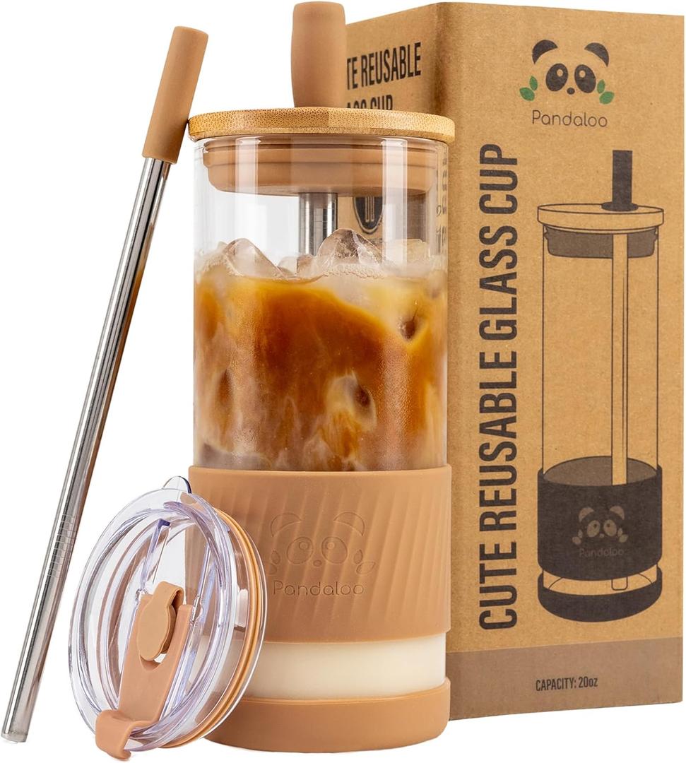 Pandaloo Glass Cups With Lids and Straws -20 Fl Oz- Perfect Size Iced Coffee Cup - Smoothie Cup With Bamboo Lid and On the go Lid - Glass Tumbler With Straw (1 Count (Pack of 1), Amber Sand)