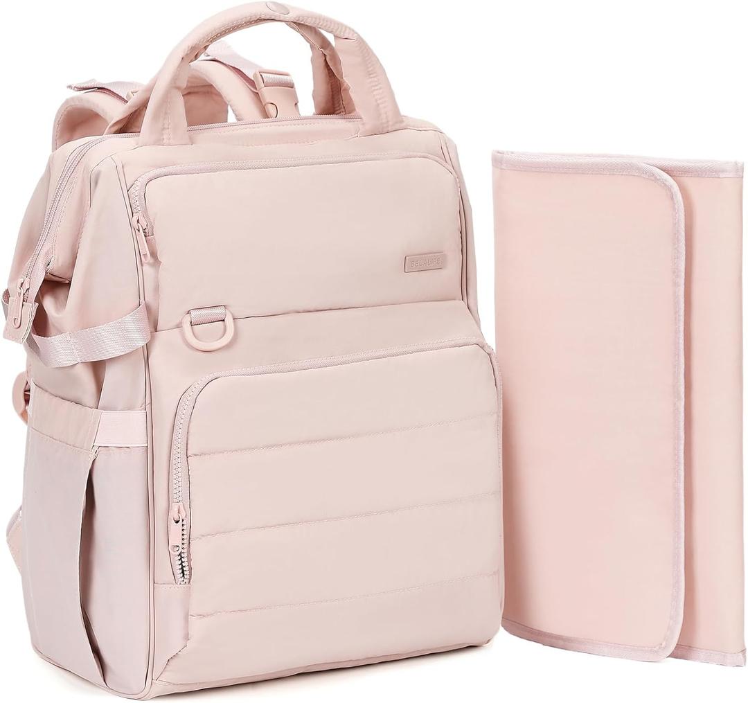 BELALIFE Baby Diaper Backpack Bag, Baby Essentials Travel Backpack for Moms Dads, with Changing Pad, Insulated Bottle Holders & Stroller Straps, Pink