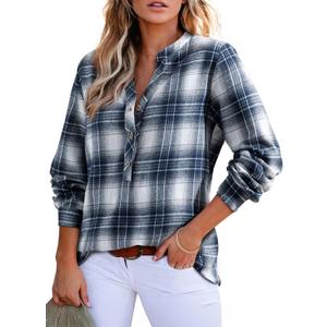 Astylish Women's V Neck Plaid Shirts Flannel Casual Blouses Button-Down Business Long Sleeve Boho Tops (Navy Blue,Medium)