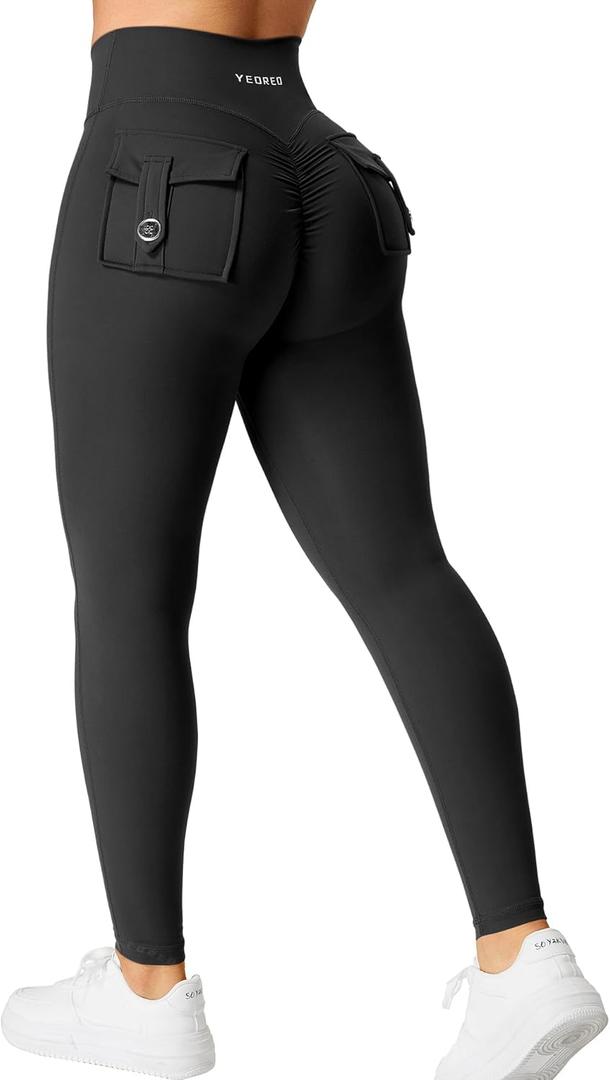 YEOREO CoreFlex Leggings with Pockets for Women Charm Scrunch Workout Leggings V Cross Waist Butt Lifting Gym Yoga Pants (Small, Black)