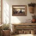 Gold Vintage Framed Wall Art Boy Fishing Wall Decor Painting, fall wall art Dog and Boy Landscape Canvas Retro Country Farmhouse Prints Artwork kids wall art for Bedroom Living Room 16x24inch