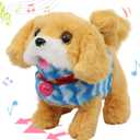 Hopearl Walking Dog Golden Retriever in Blue Vest Interactive Electronic Pet Plush Toy Puppy Woof and Moving Animated Nodding Head Gift for Toddlers Birthday, Brown, 7''