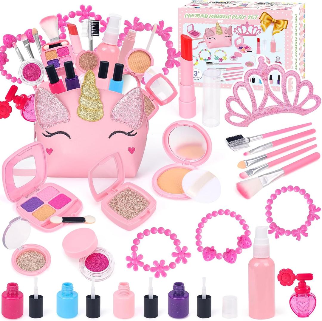 Pretend Makeup for Toddlers, Kids Makeup Kit for Girl, Play Makeup for Little Girls, Toddler Makeup Kit with Unicorn Bag for Little Girls Age 3 4 5 6 7+ Christmas Birthday Gift (Fake Makeup)