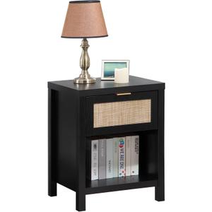 SICOTAS Rattan Nightstand, Farmhouse Night Stands with Drawer, Boho End Side Table for Bedroom, Small Space, Black Oak