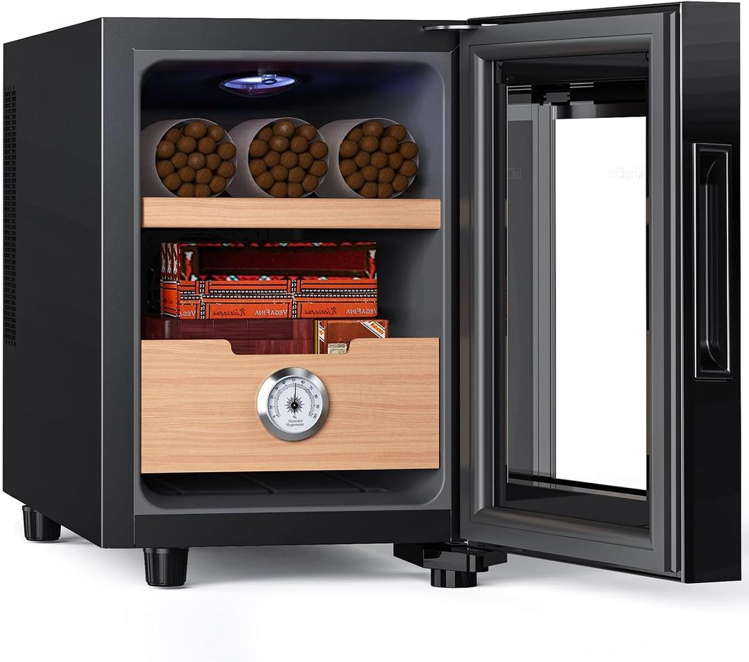 KingChii 16L Electric Cigar Humidors, Temperature Control Cabinet with Spanish Cedar Wood Shelves & Drawer Hygrometer Gifts for Men (100 Counts Capacity)