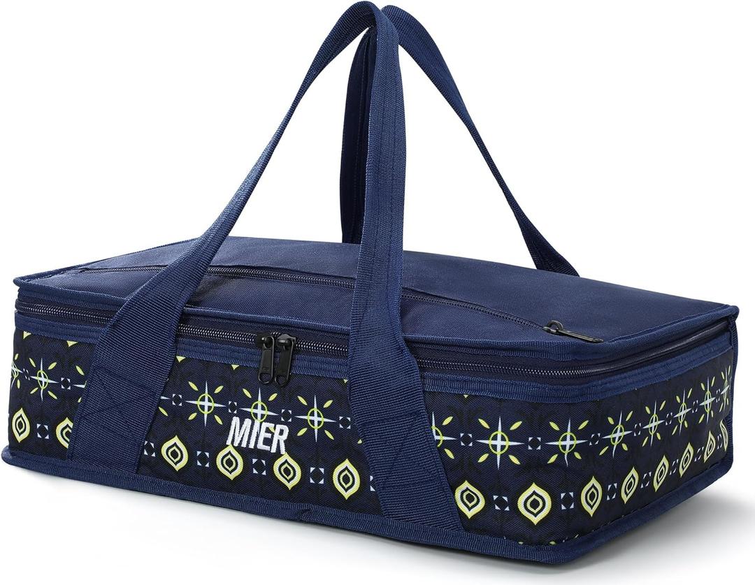 MIER Insulated Casserole Carrier for Hot or Cold Food Thermal Food Carrier Bag for Lasagna Potluck Parties Picnic Cookouts, Fits 9"x13" Baking Dish/Foil Pan, Deep Blue (16 x 10 x 4 Inches)