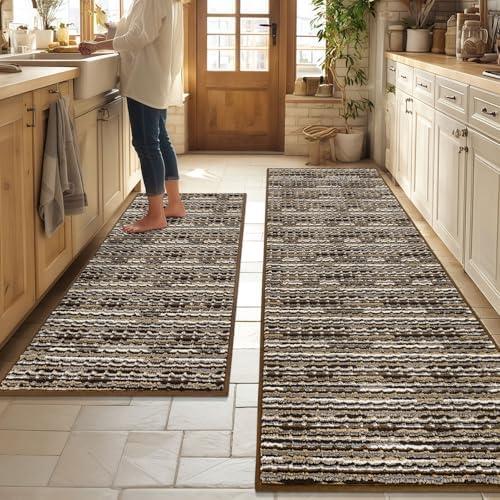 Kitchen Rugs Sets of 2-Non Slip Kitchen Mats for Floor-Thick Stain Resistant Vintage Kitchen Floor Mat Runner Carpet for Hallways Entryway Laundry Room Washable（Brown 24"x70"+20"x47"）